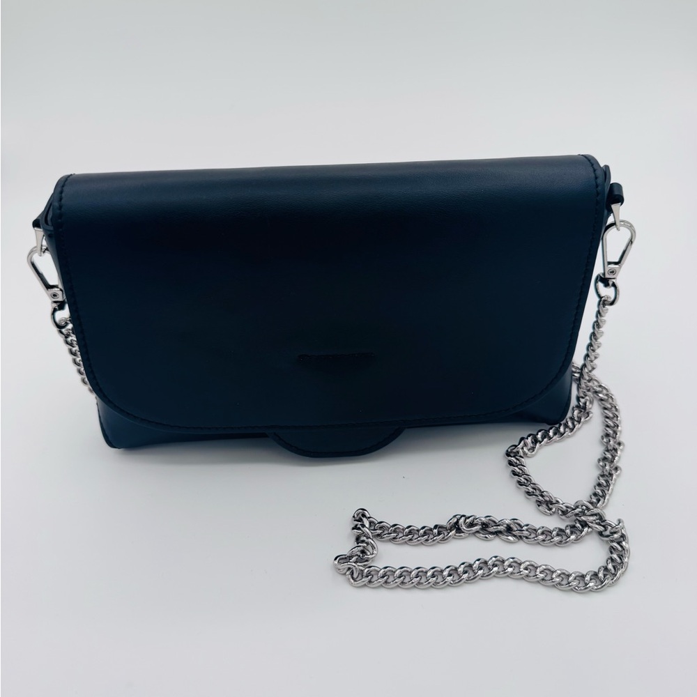 Falor Black Leather Handbag With Silver Chain | Brand New Without Tags